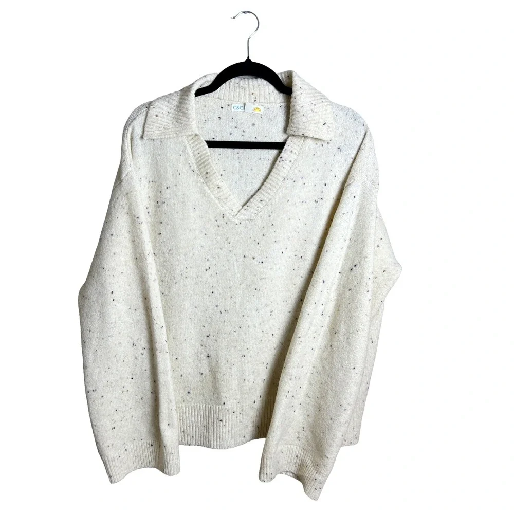 C&C California Confetti Knit V‎ Neck Sweater Cream Women XL